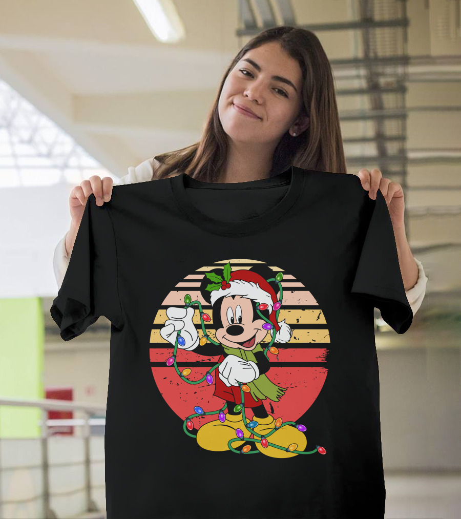 Mickey Christmas Lights Santa Hat Retro Holiday T-Shirt