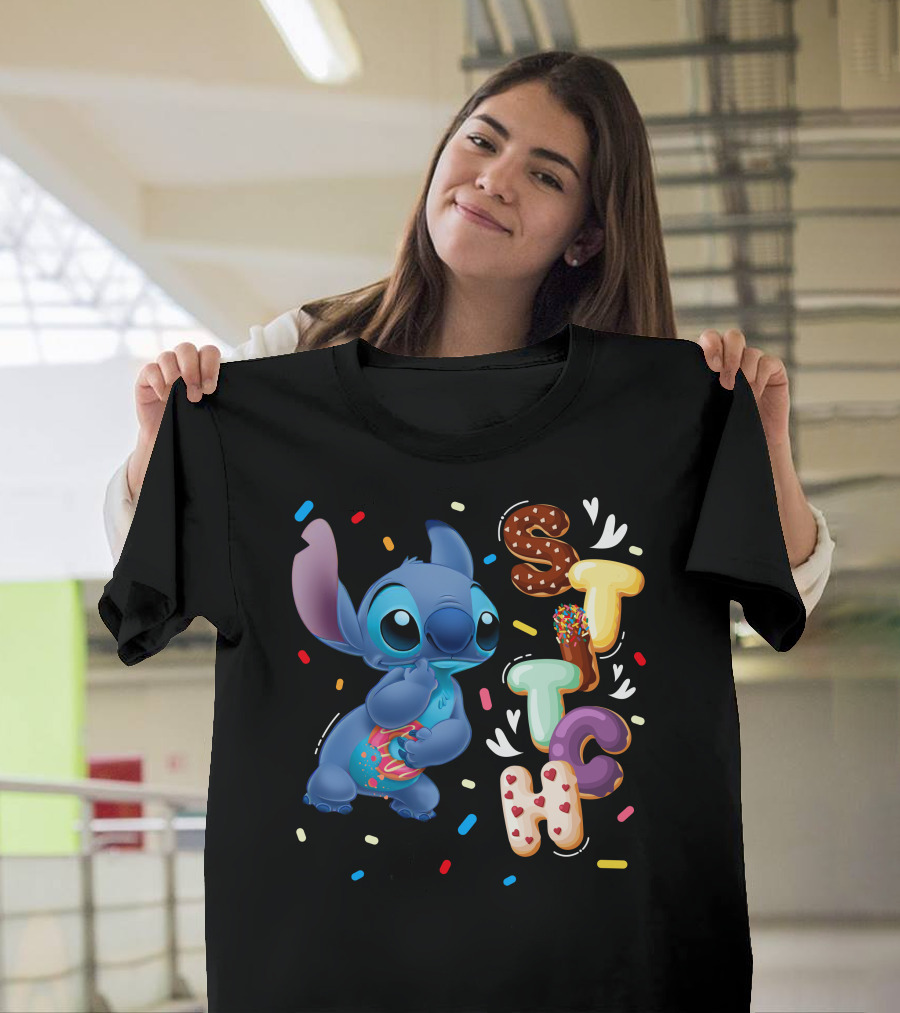 Stitch Donut Letter Sprinkles And Cute Blue Alien Character T-Shirt