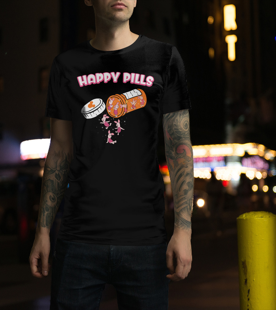 HAPPY PILLS Piglet Characters In Prescription Bottle T-Shirt