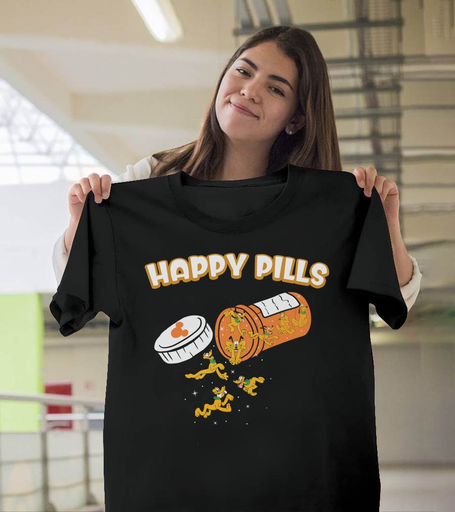 HAPPY PILLS Pluto Characters in Orange Pill Bottle T-Shirt