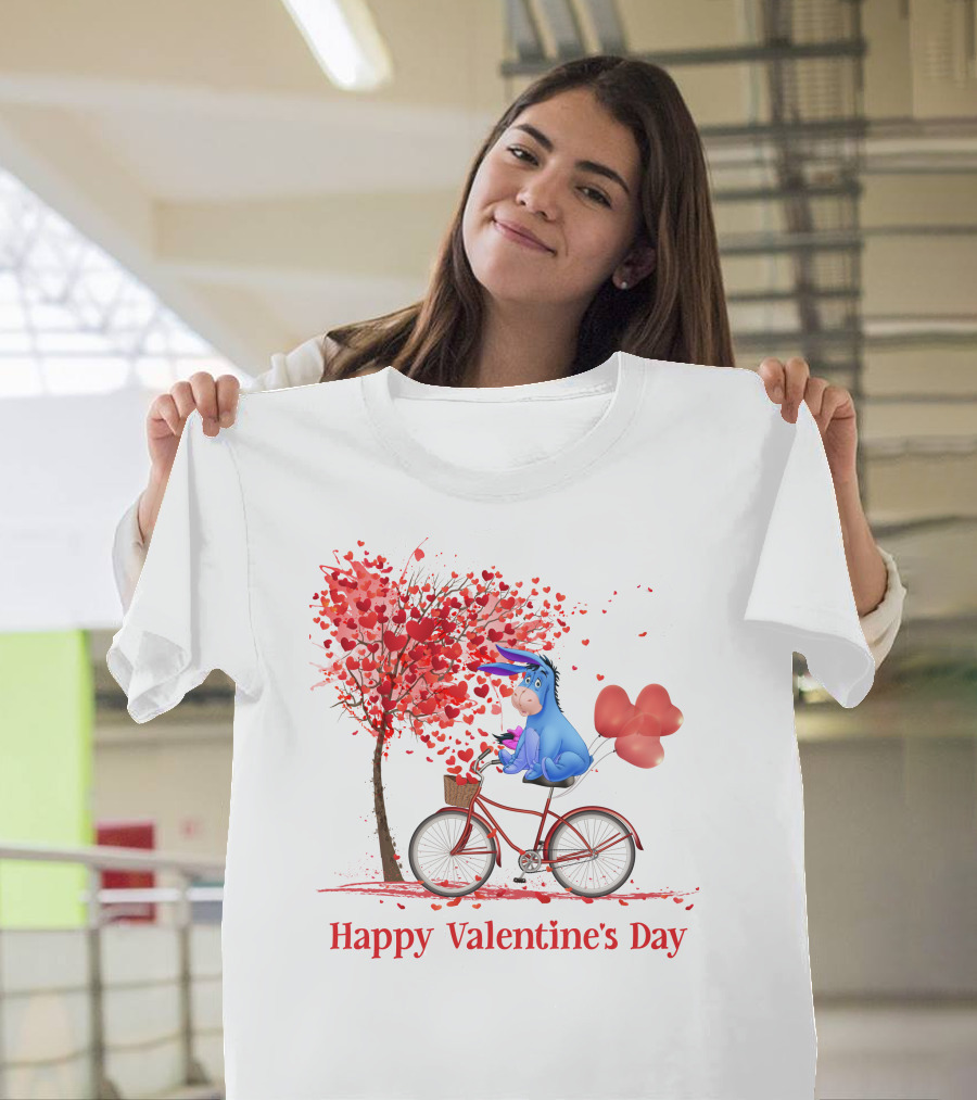 Happy Valentine's Day Eeyore On Bicycle With Heart Balloons And Tree Of Hearts T-Shirt