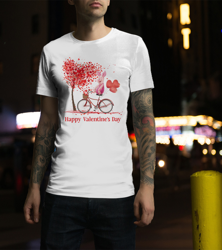 Happy Valentine's Day Piglet With Heart Balloons On Bicycle T-Shirt