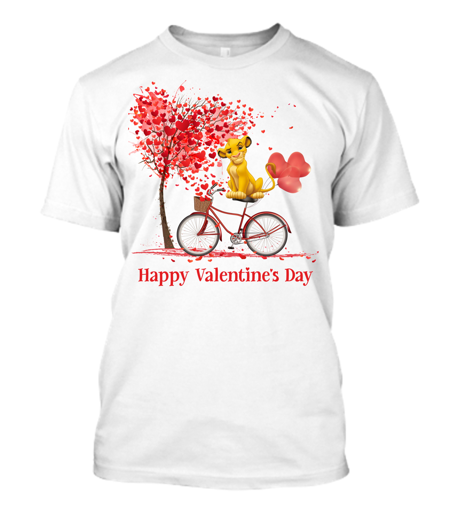 Happy Valentine's Day Cute Cartoon Character On Red Bicycle With Heart Balloons And Tree T-Shirt