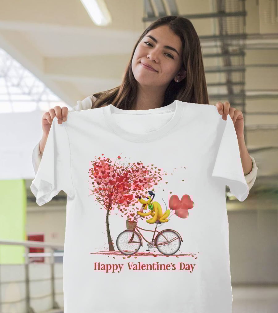 Disney Pluto Happy Valentine's Day Bicycle And Heart Tree T-Shirt