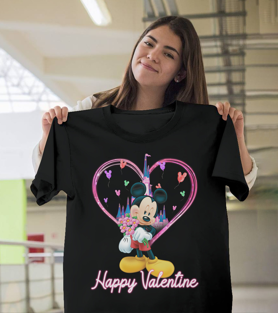 Happy Valentine Mickey Mouse Bouquet And Castle Balloons T-Shirt
