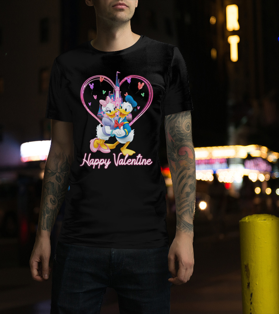 Happy Valentine Donald And Daisy In Front Of Heart Castle T-Shirt