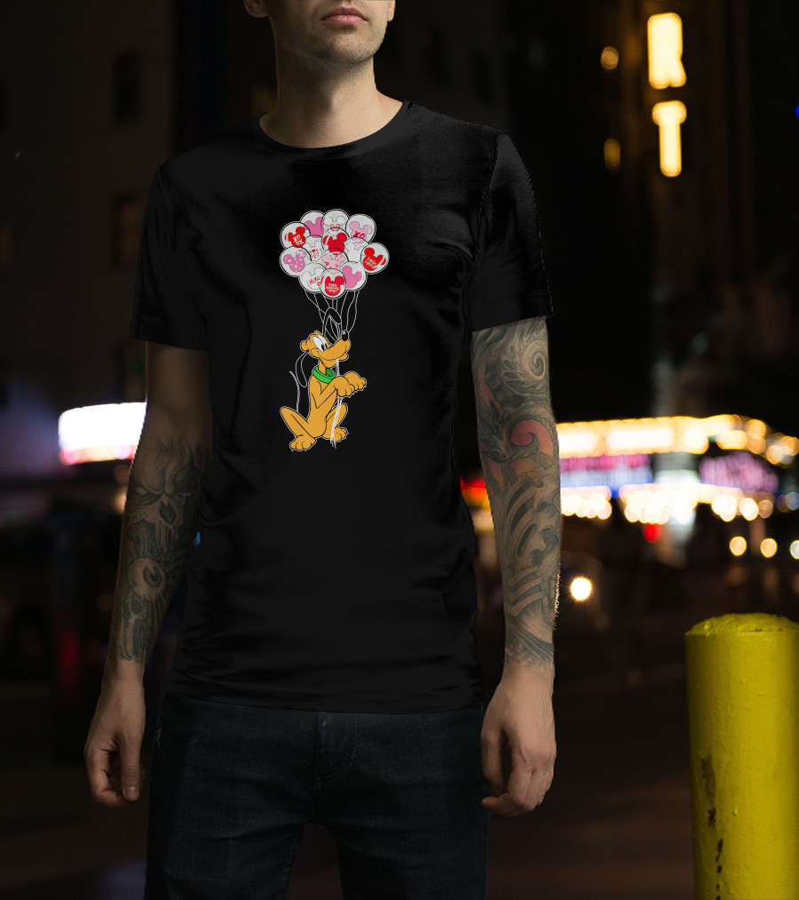 Pluto Holding Mickey And Minnie Balloons With Hearts And Xo Patterns T-Shirt