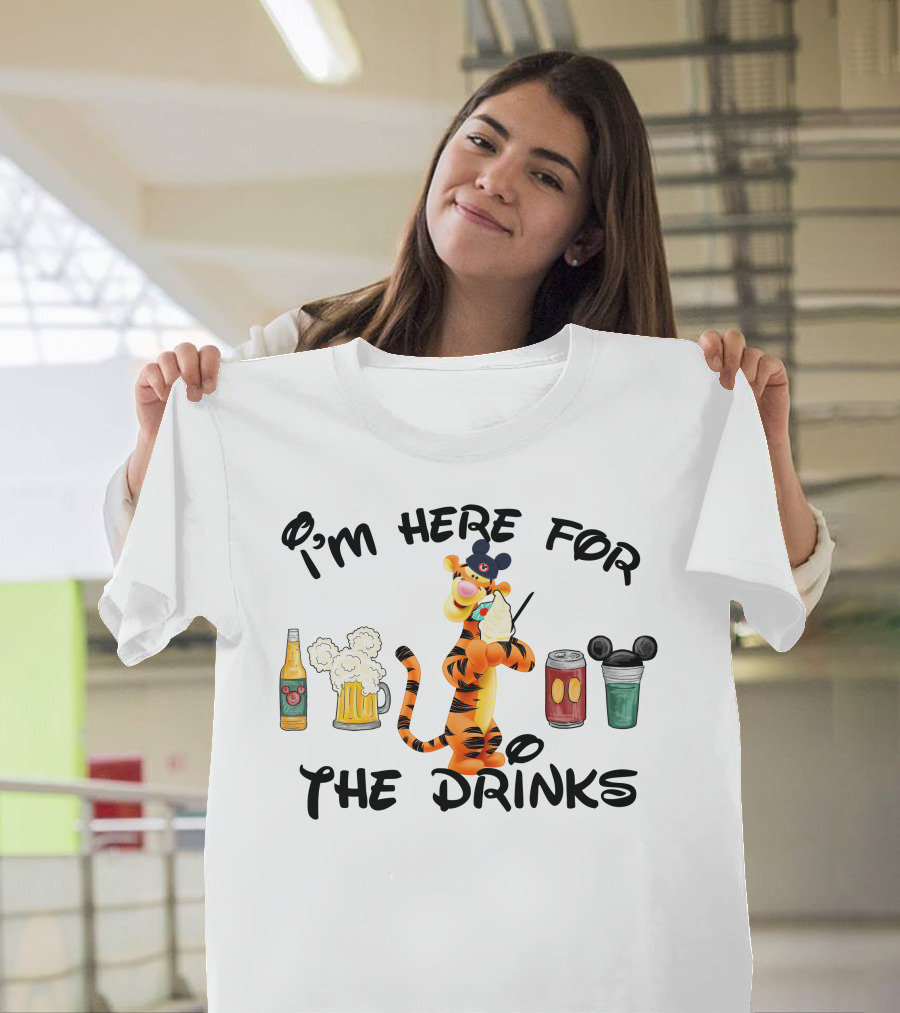 I'm Here For The Drinks Tigger Mickey Ears Beer Can Bottle T-Shirt