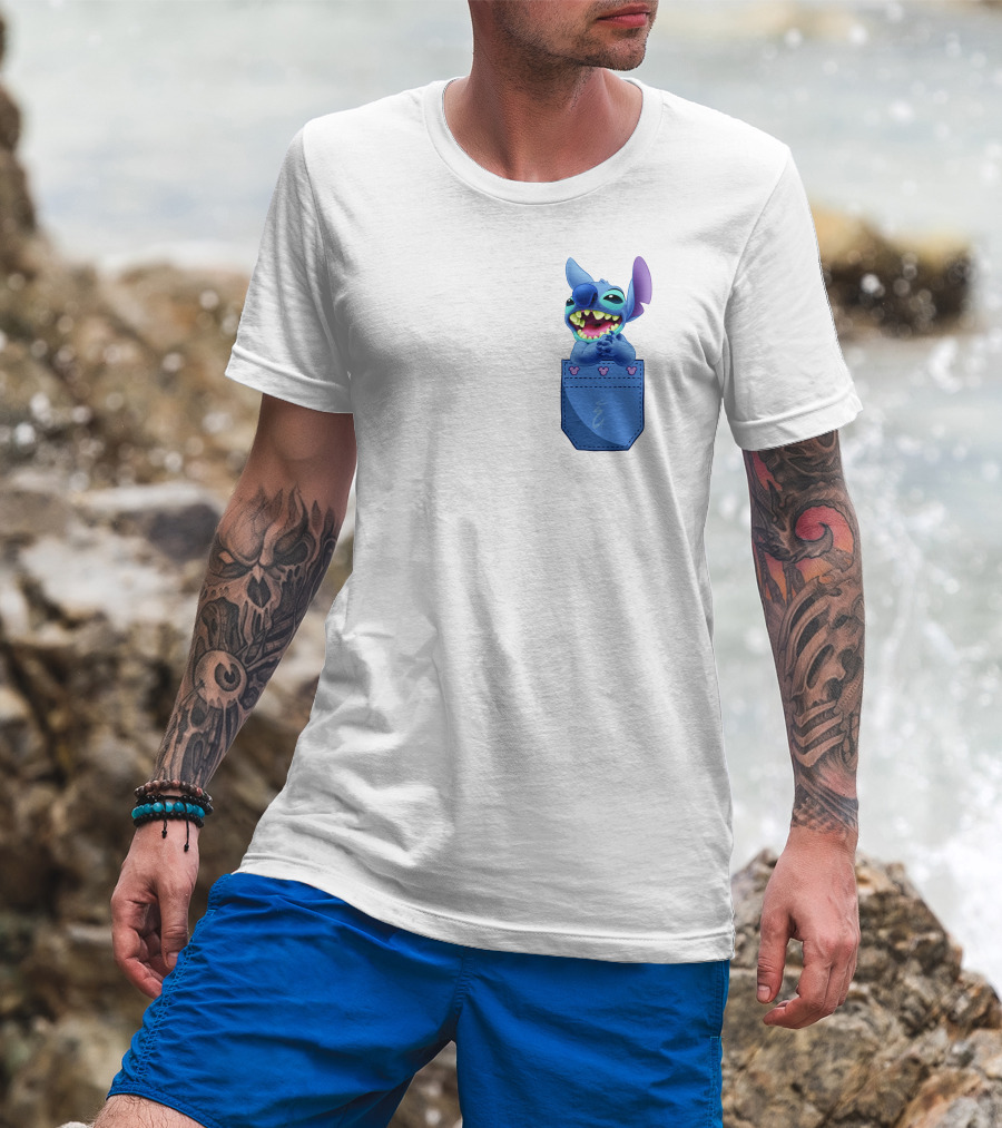 Stitch Pocket Smiling Face With Purple Ears T-Shirt
