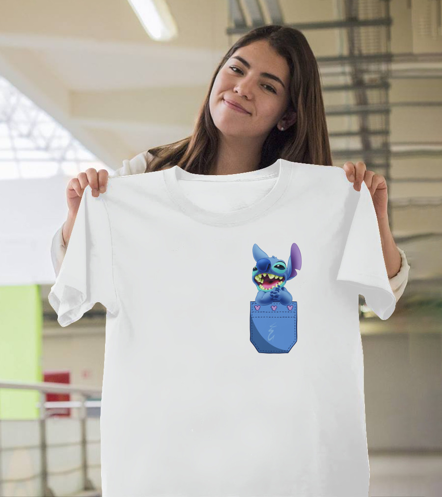 Stitch Pocket Smiling Face With Purple Ears T-Shirt