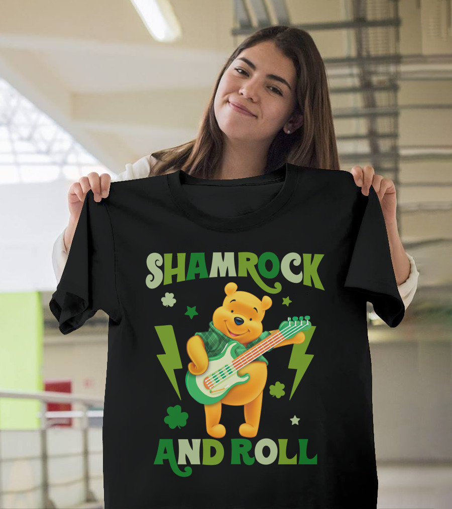 Shamrock And Roll Pooh Bear With Guitar And Green Lightning Bolts T-Shirt