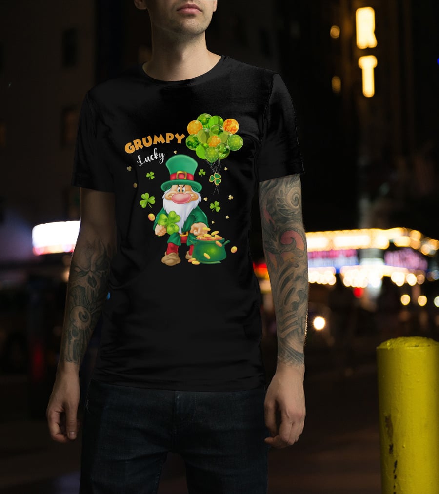 Grumpy Lucky Leprechaun With Shamrocks And Gold Coins T-Shirt