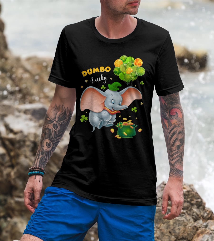 Dumbo Lucky Elephant With Green Hat And Balloons With Pot Of Gold T-Shirt