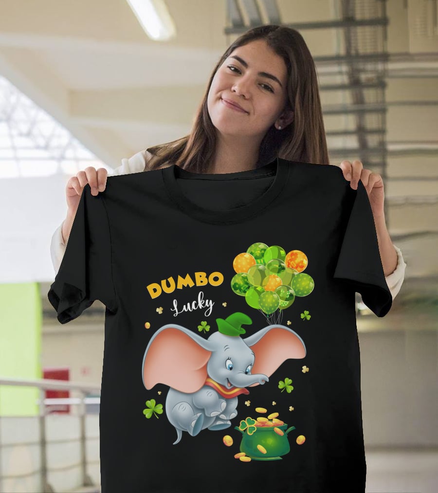 Dumbo Lucky Elephant With Green Hat And Balloons With Pot Of Gold T-Shirt