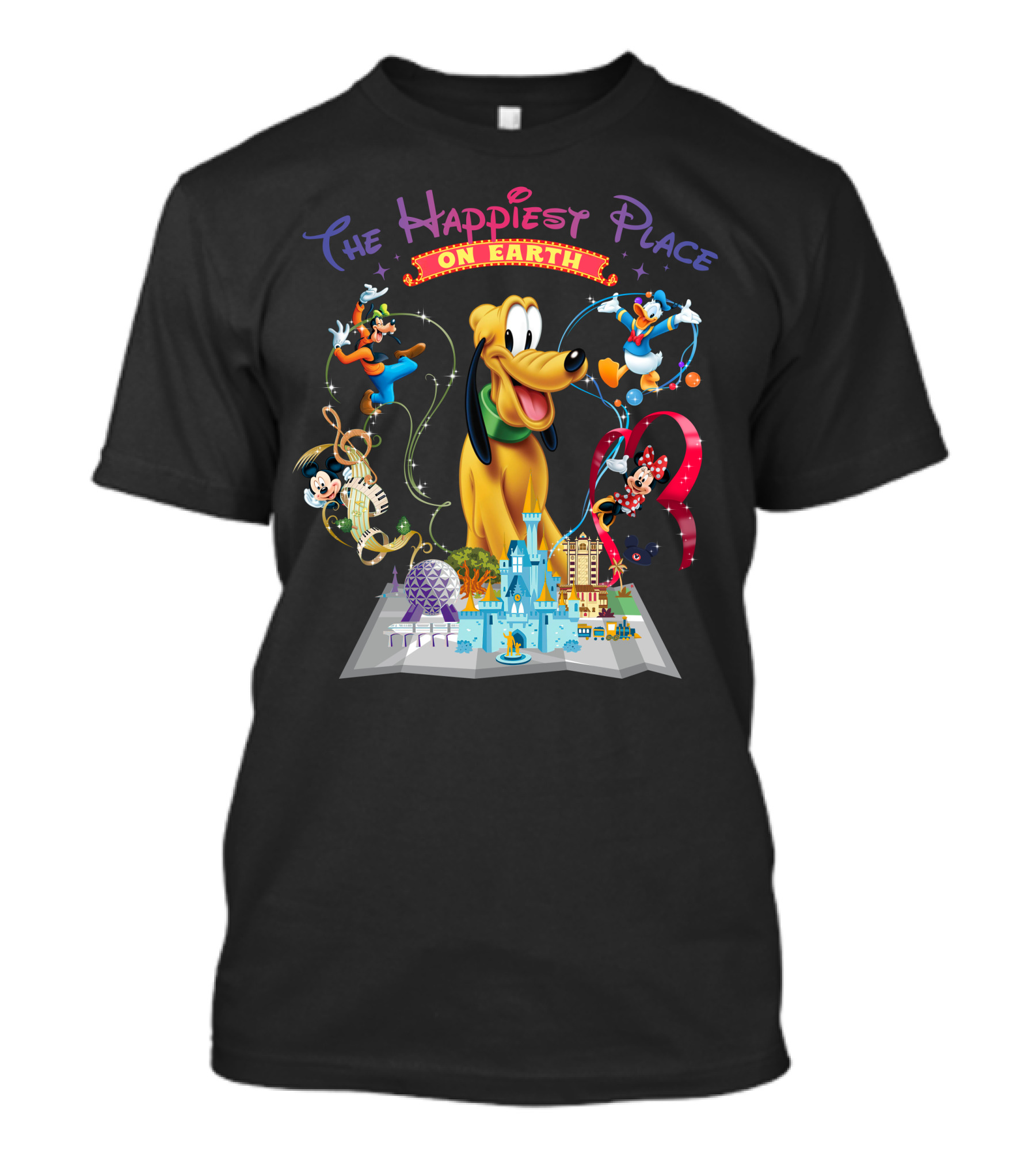 The Happiest Place On Earth Pluto Mickey Mouse Donald Duck Goofy Minnie Mouse Disney World Map T-Shirt