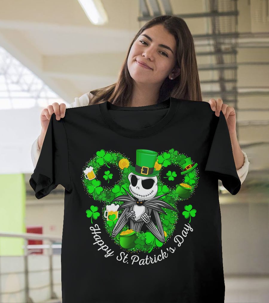 Jack Skellington Happy St. Patrick's Day Shamrocks And Leprechaun Hat T-Shirt