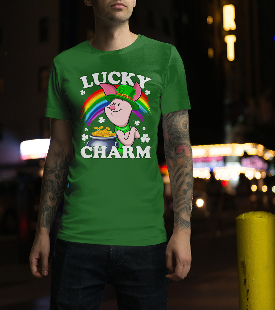 Lucky Charm With Piglet In Leprechaun Hat And Rainbow T-Shirt