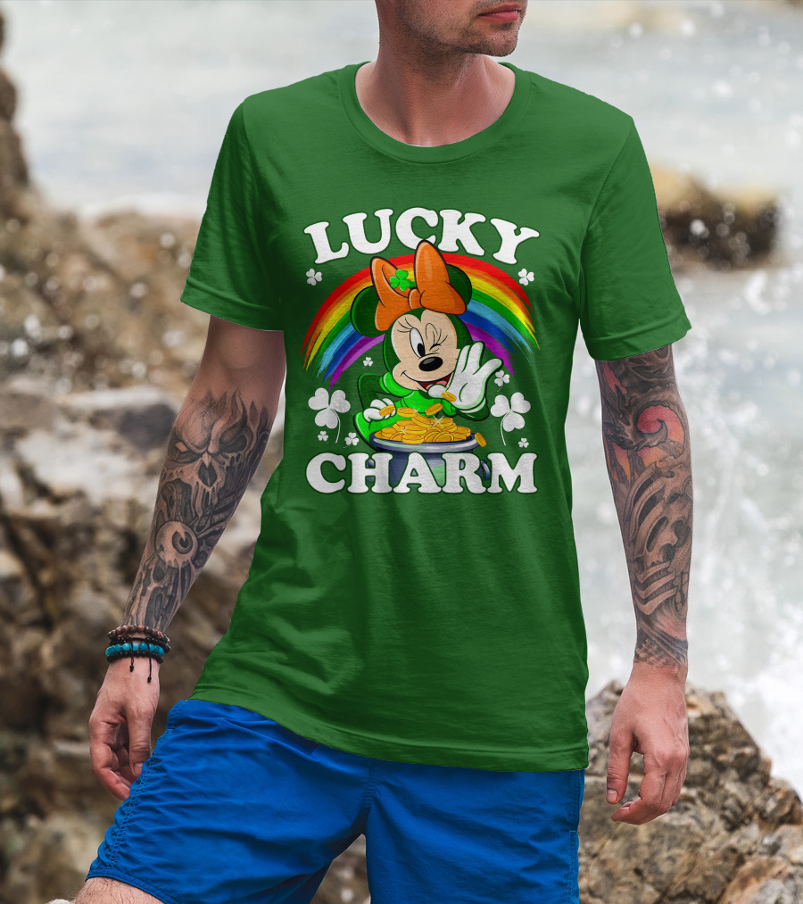 Lucky Charm Rainbow Minnie With Pot Of Gold And Shamrocks T-Shirt
