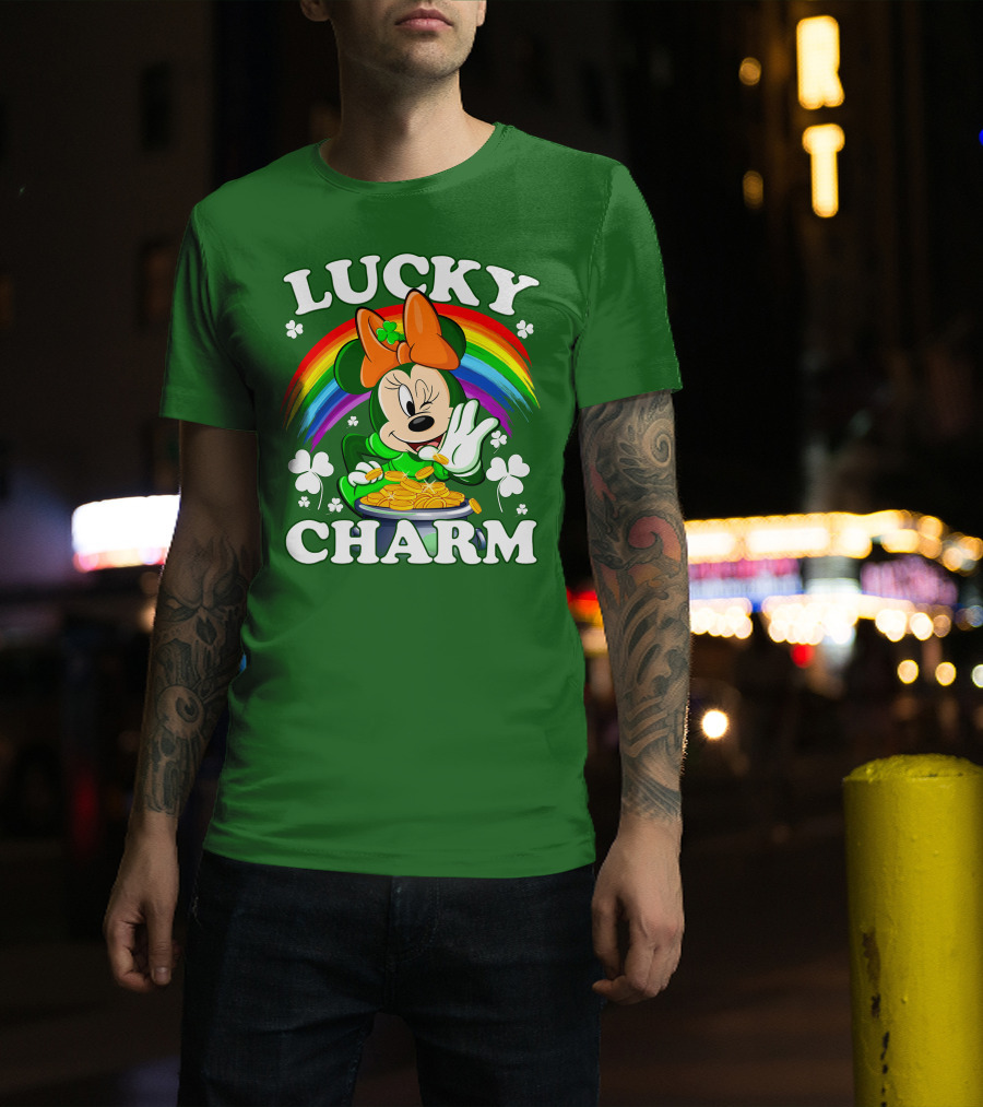 Lucky Charm Rainbow Minnie With Pot Of Gold And Shamrocks T-Shirt