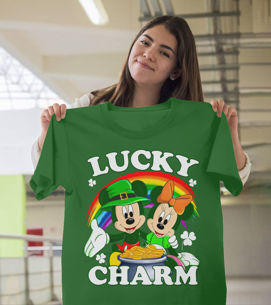 Lucky Charm Mickey And Minnie Rainbow Shamrock Coins T-Shirt