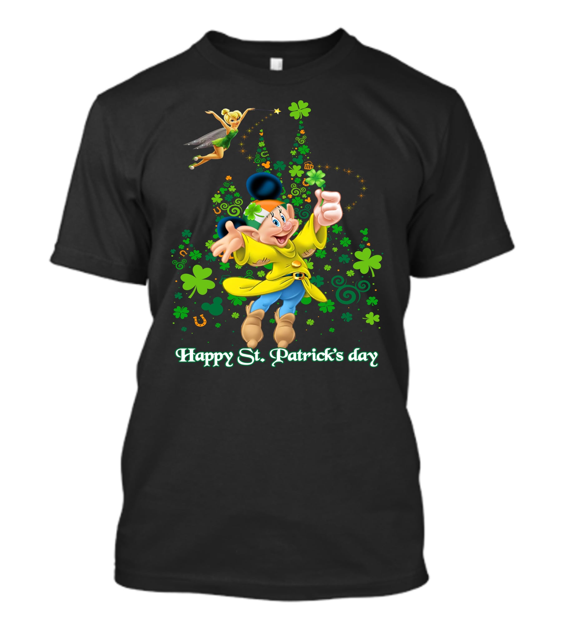 Happy St. Patrick's Day Dopey Disney Character With Tinker Bell And Clovers T-Shirt
