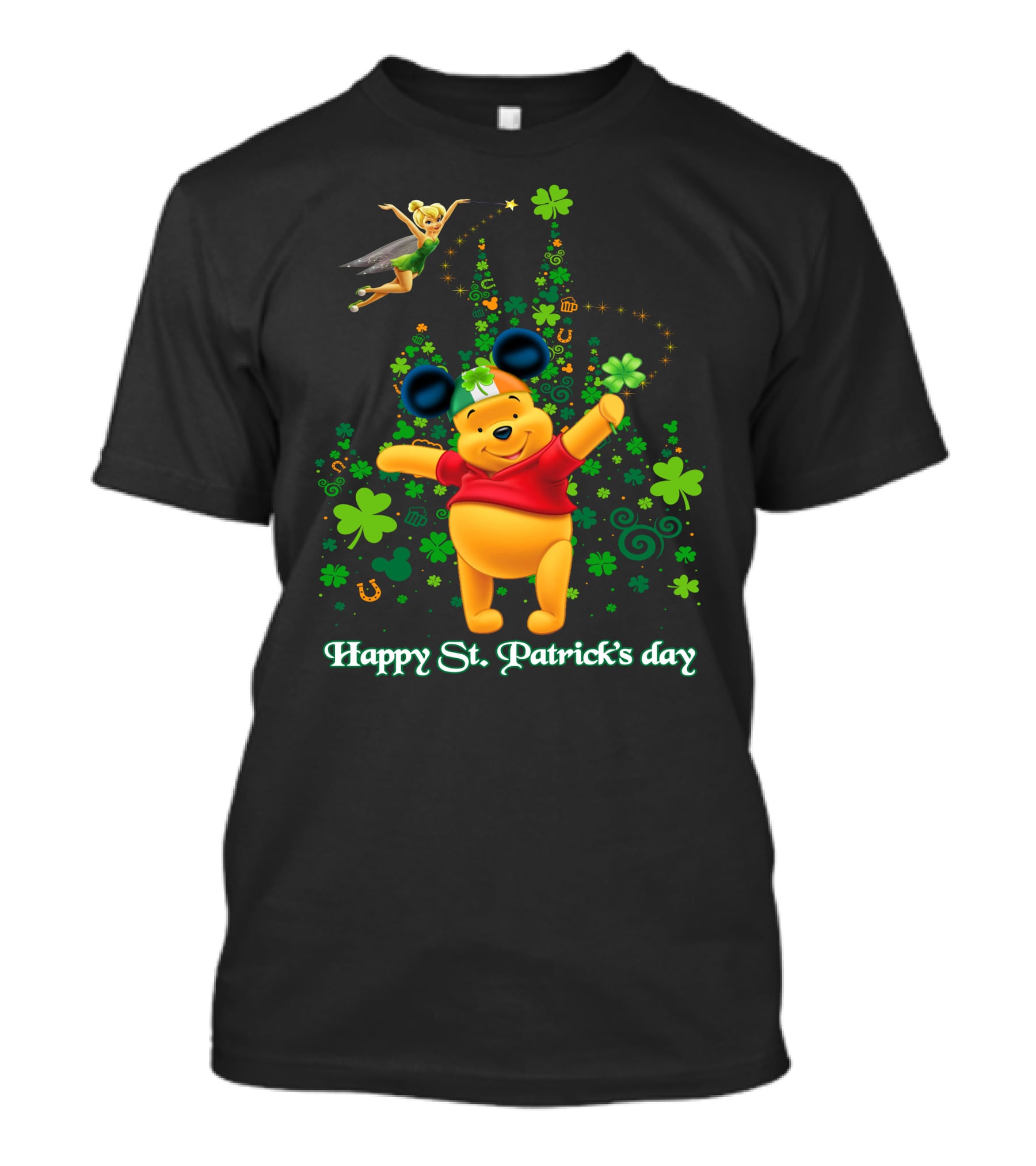 Happy St. Patrick's Day Pooh And Tinker Bell With Mickey Ears And Shamrocks T-Shirt