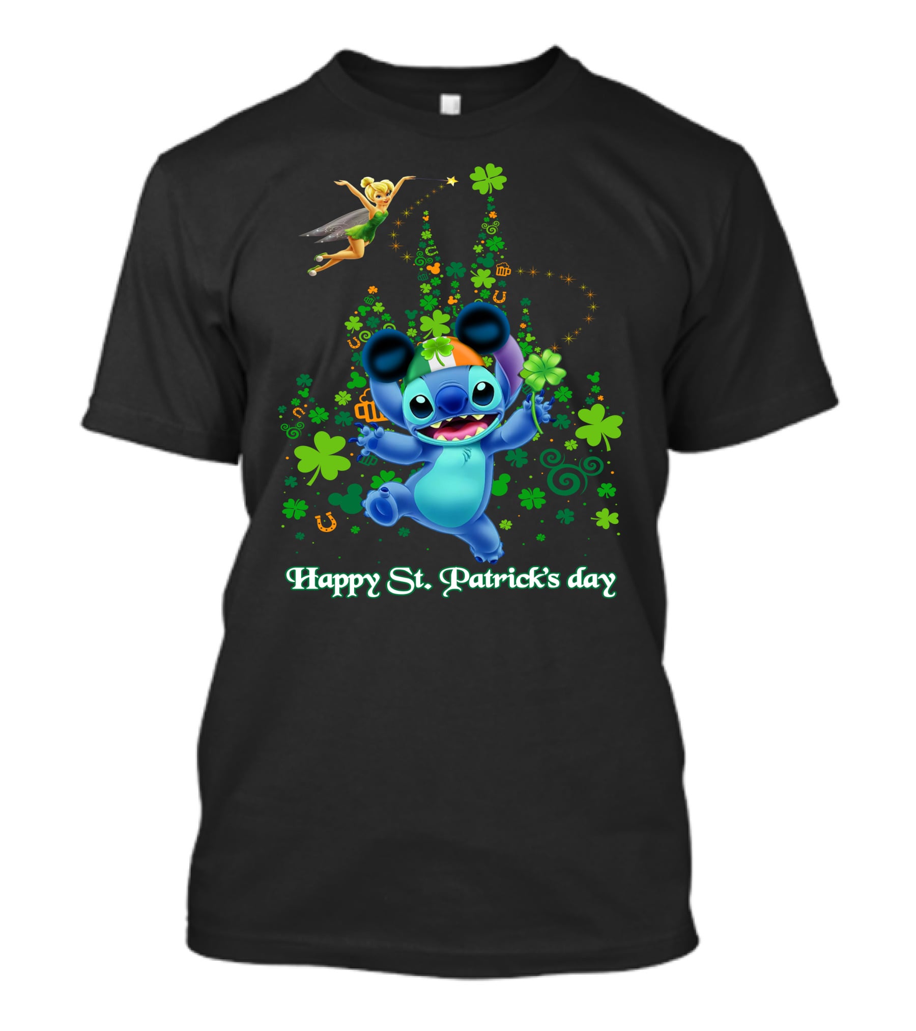 Stitch And Tinkerbell Happy St. Patrick's Day With Shamrocks And Irish Colors T-Shirt