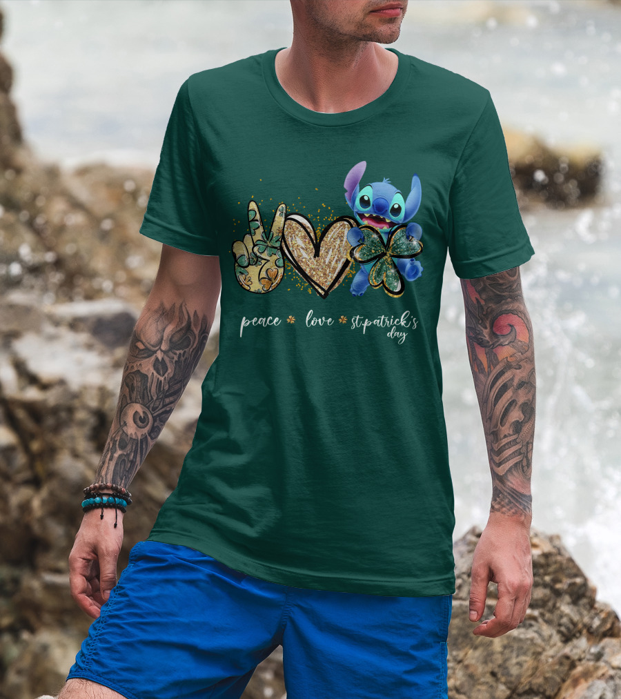Peace Love St. Patrick's Day Stitch Shamrock Clover T-Shirt