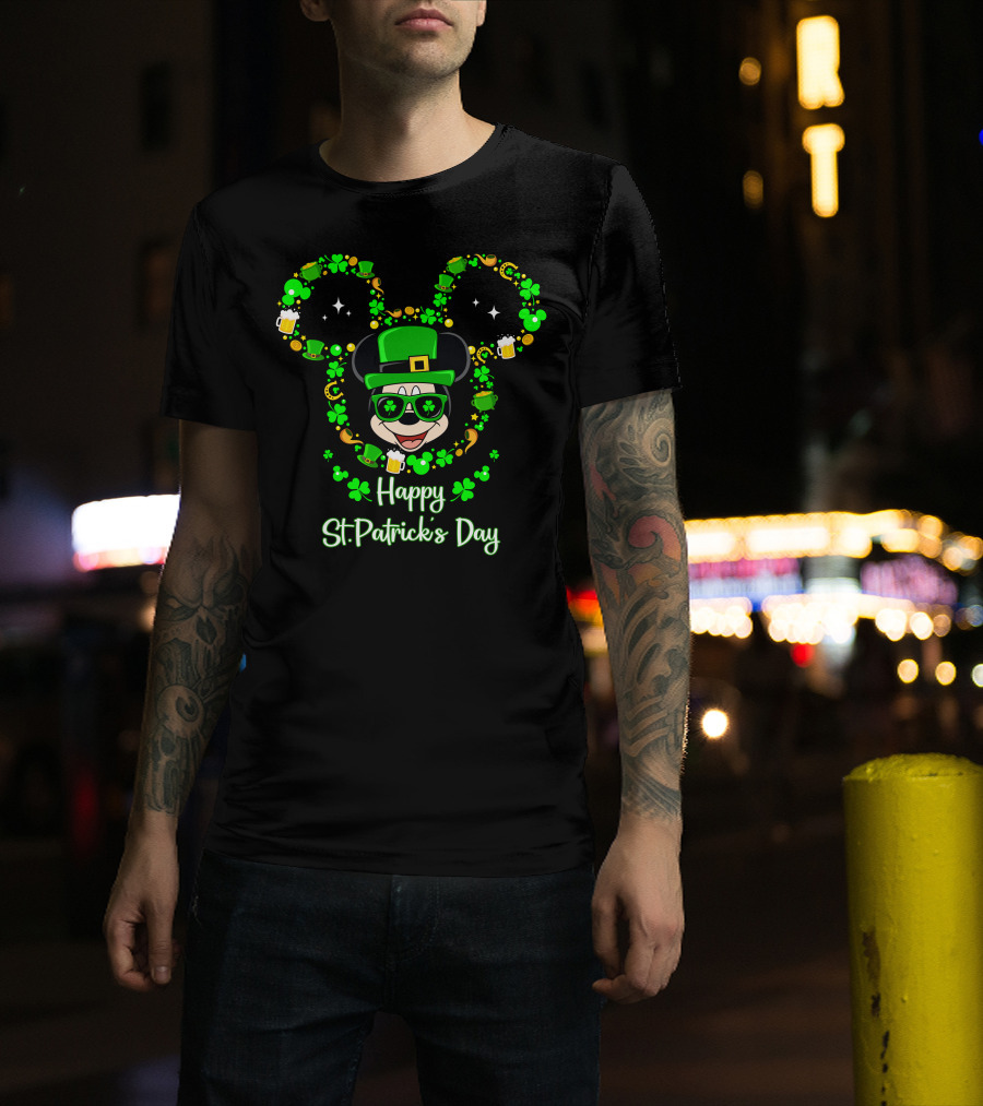 Happy St. Patrick's Day Mickey Graphic With Leprechaun Hat And Shamrocks T-Shirt