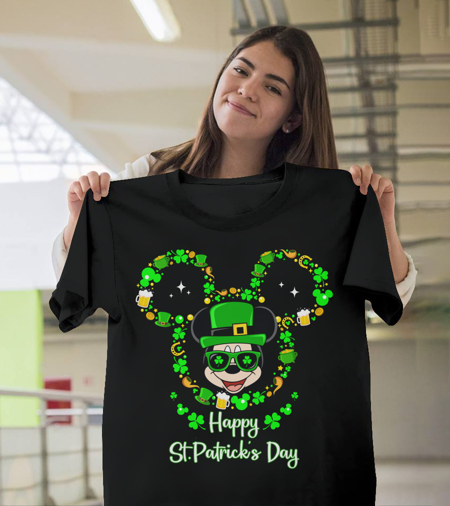 Happy St. Patrick's Day Mickey Graphic With Leprechaun Hat And Shamrocks T-Shirt