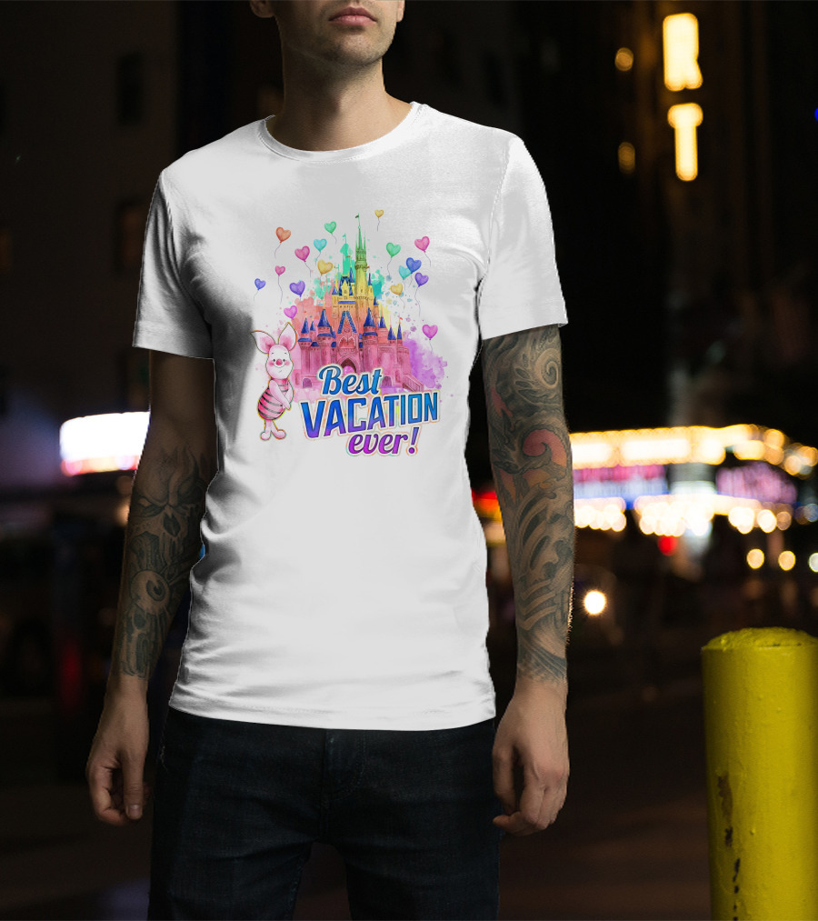 Piglet Best Vacation Ever Colorful Castle And Hearts T-Shirt