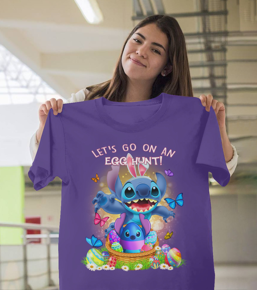 Let's Go On An Egg Hunt With Stitch Basket Of Eggs And Butterflies T-Shirt
