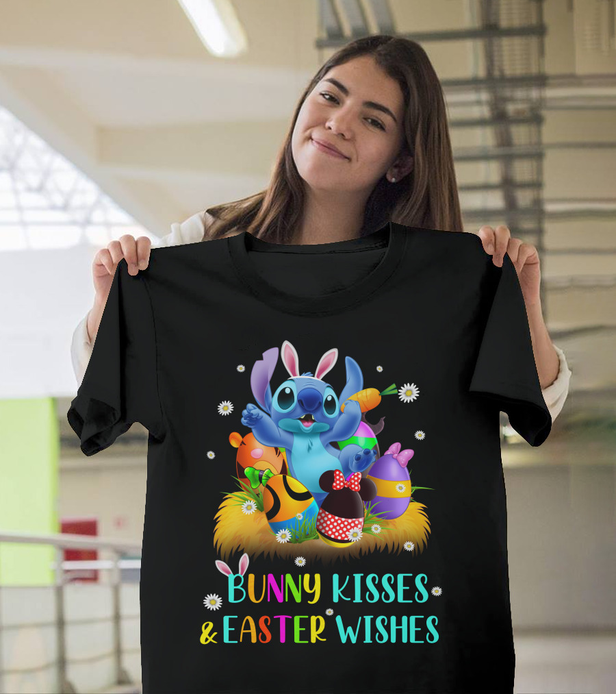 Bunny Kisses & Easter Wishes Stitch With Colorful Eggs And Spring Flowers T-Shirt