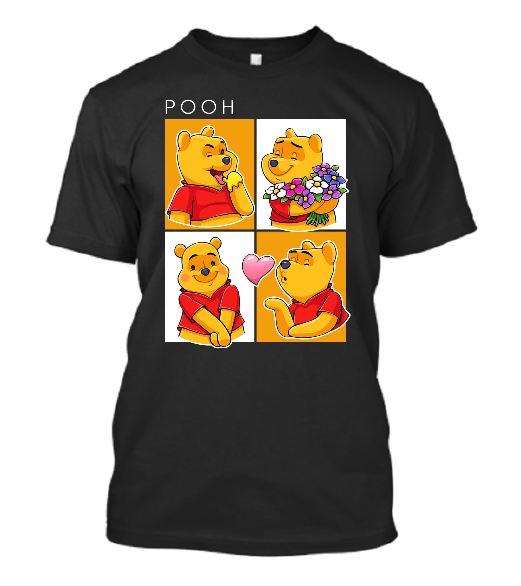 Pooh Cute Expressions And Flowers With Heart T-Shirt