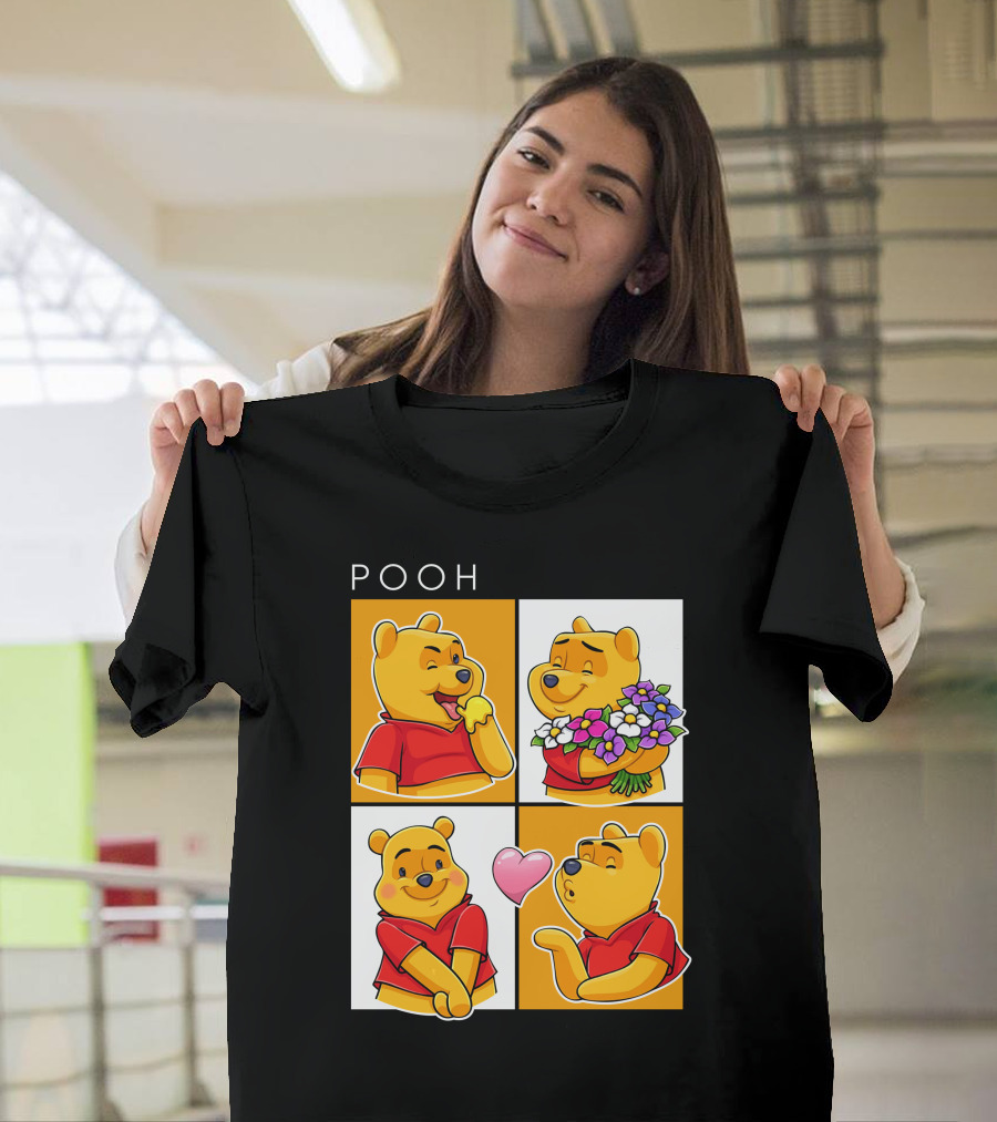 Pooh Cute Expressions And Flowers With Heart T-Shirt