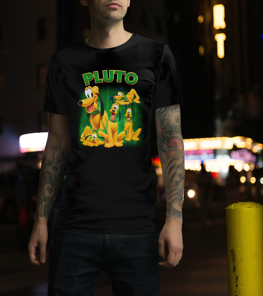 Pluto Classic Disney Character With Multiple Expressions On Green T-Shirt