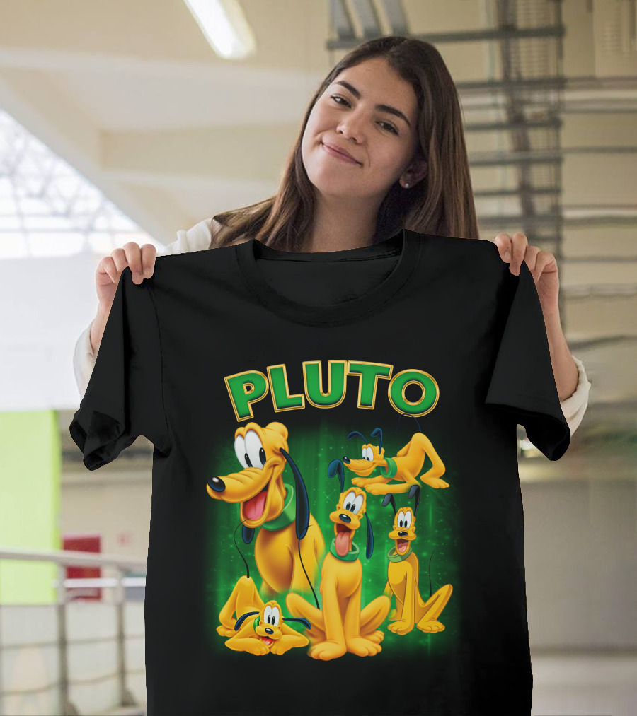 Pluto Classic Disney Character With Multiple Expressions On Green T-Shirt