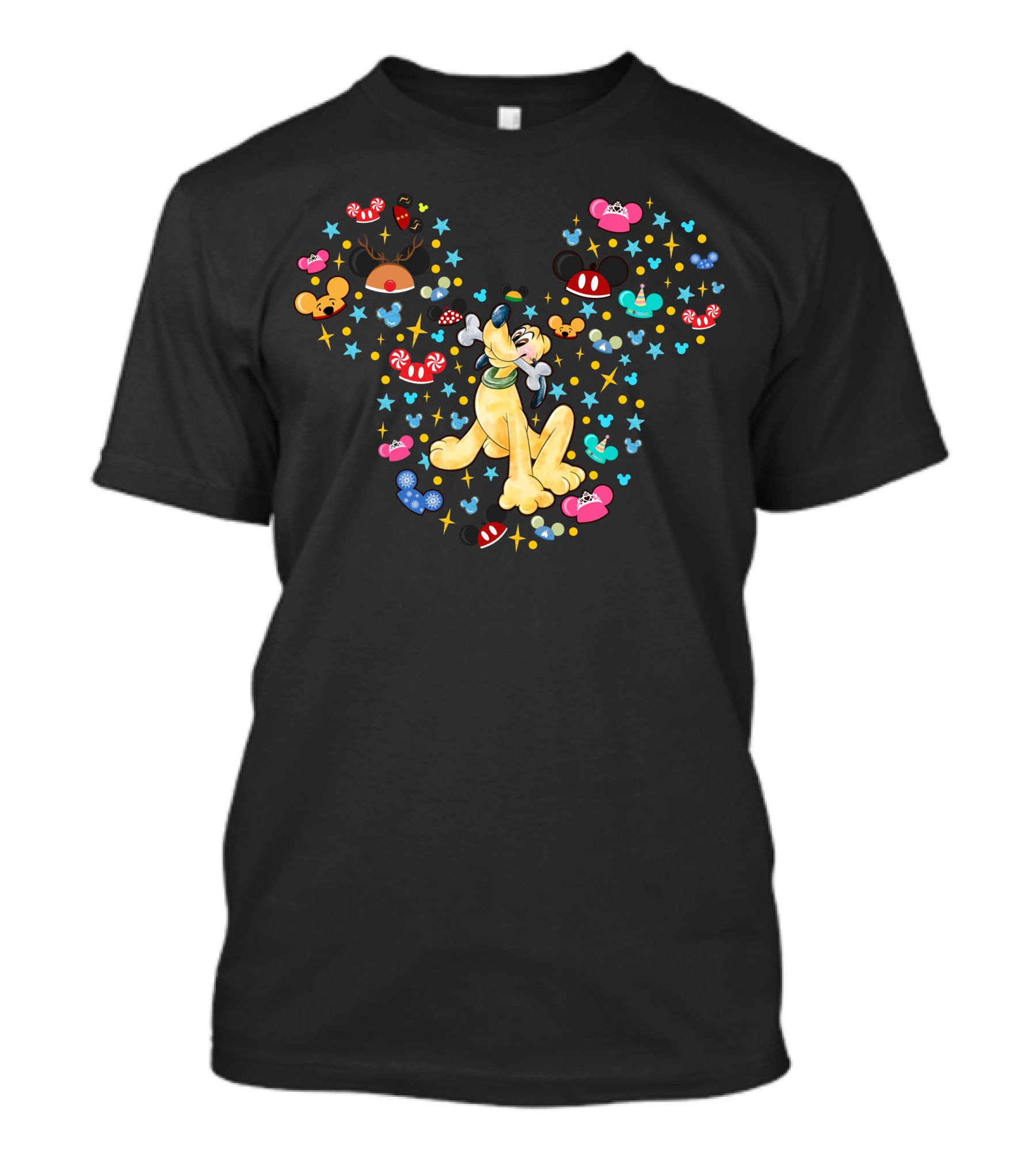 Pluto Surrounded By Mickey Mouse Ears And Holiday Icons T-Shirt