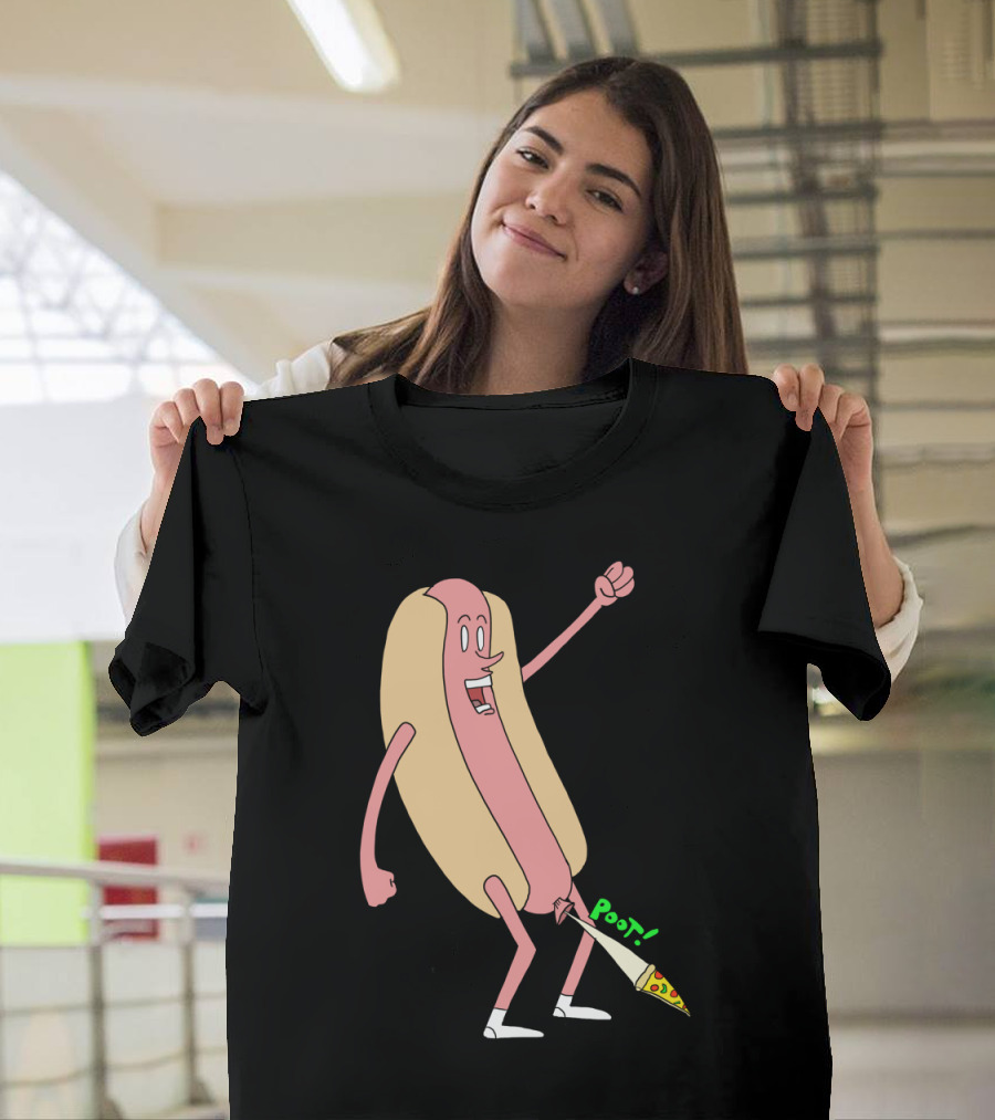 Hot Dog Cartoon with Comical Pizza Poot Action T-Shirt