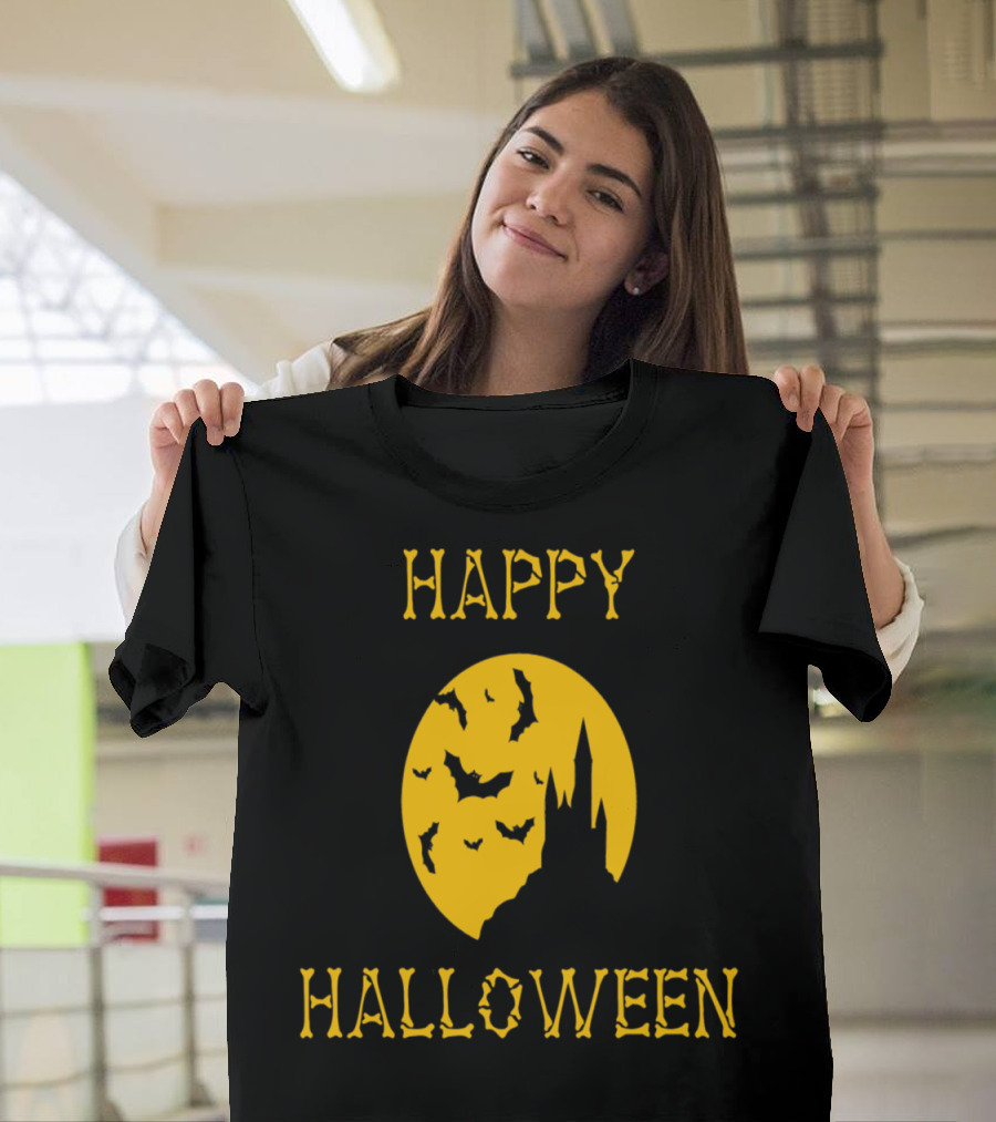 Happy Halloween Horror Bats Pumpkin Witch Costume Moon Castle T-Shirt