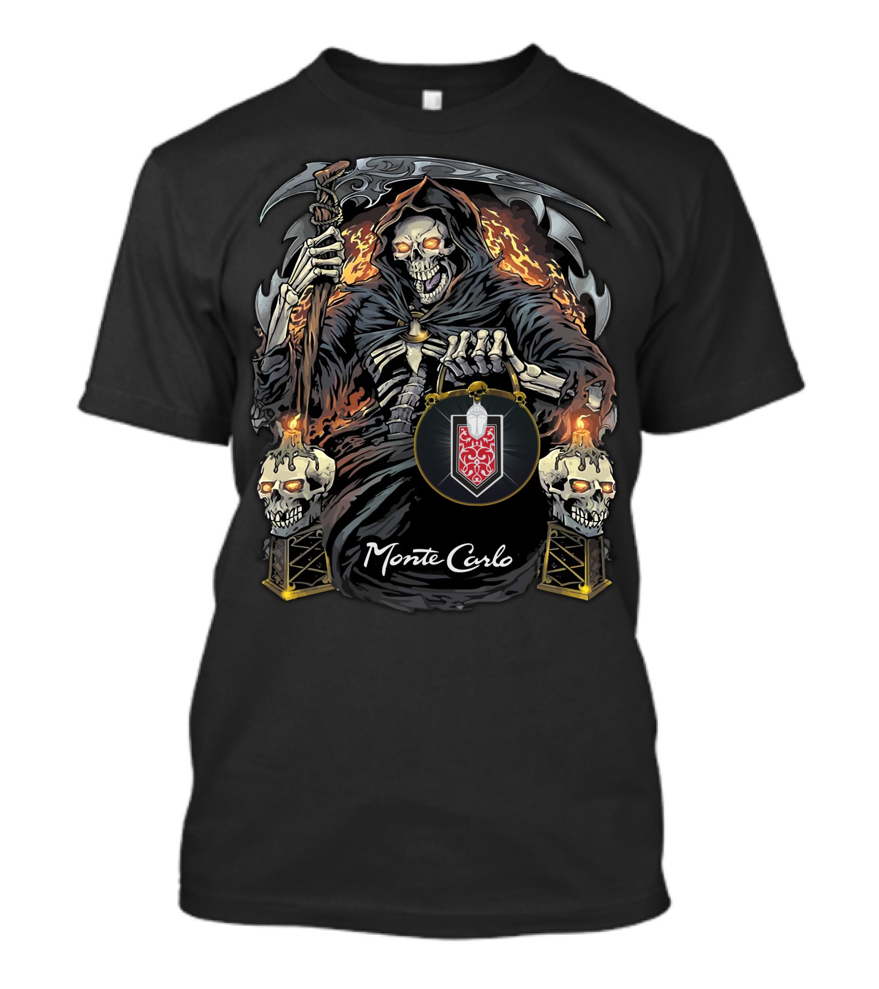 Monte Carlo Grim Reaper With Scythe And Flaming Skulls T-Shirt