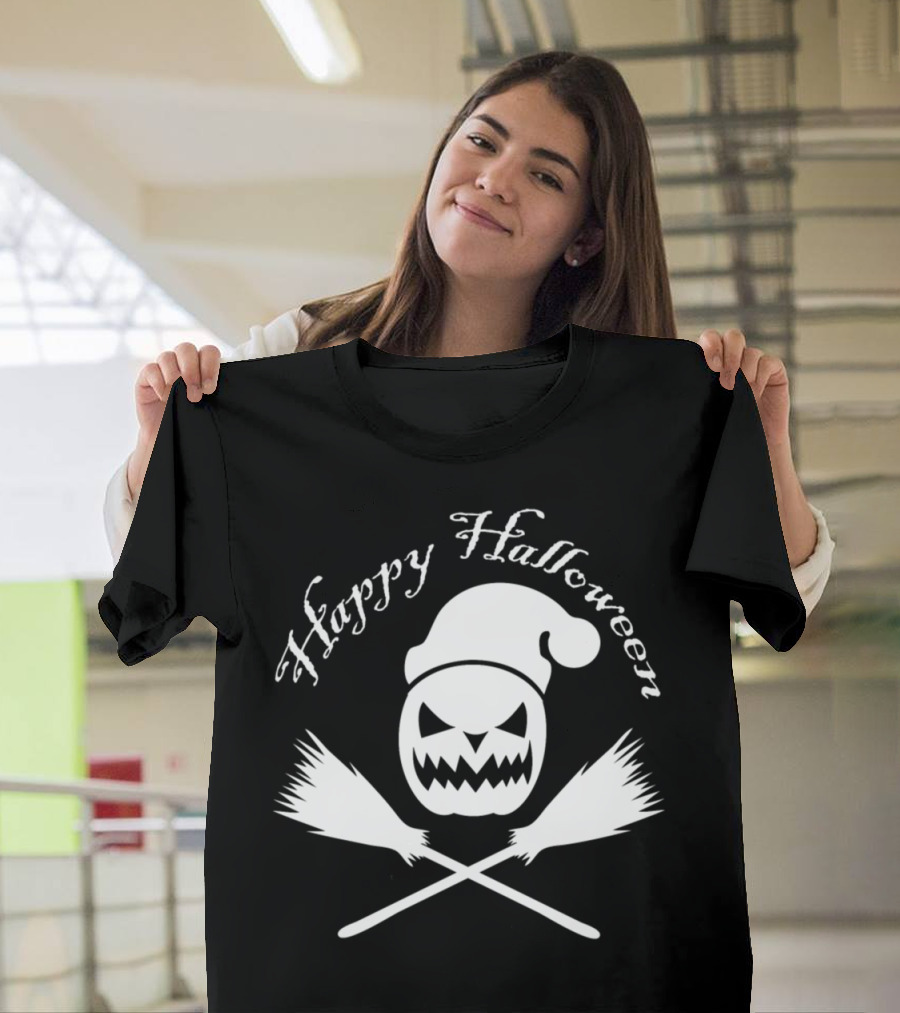 Happy Halloween Pumpkin with Santa Claus Hat and Broomsticks T-Shirt