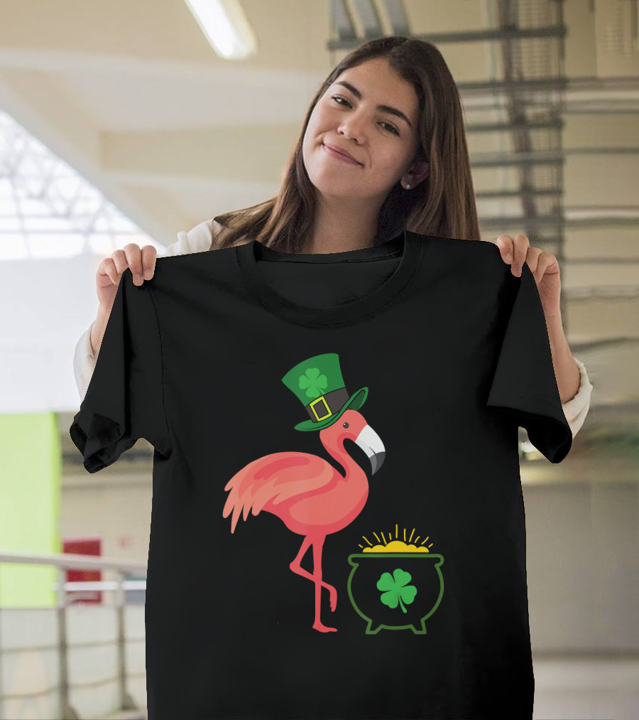 Irish Leprechaun Flamingo with a Shamrock Hat and Pot of Gold T-Shirt
