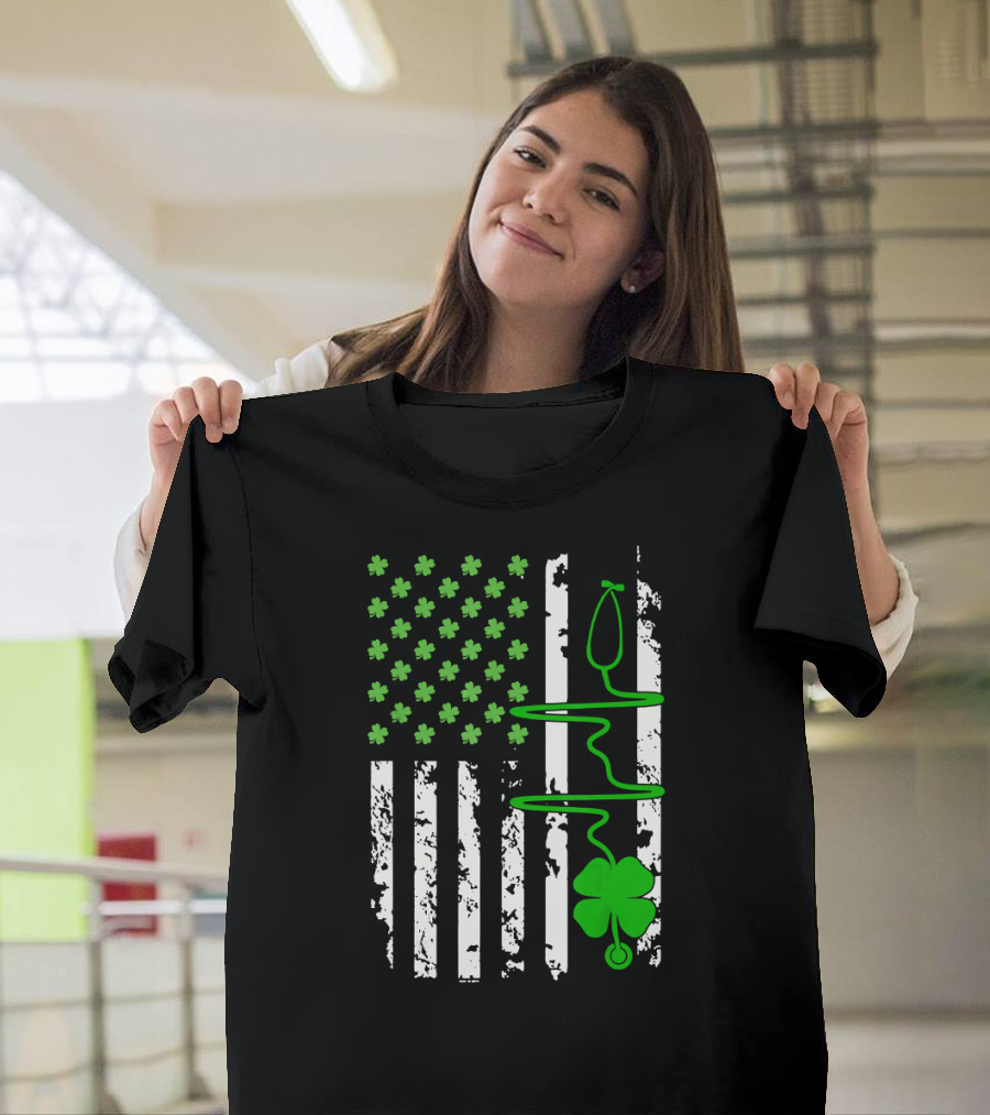 Irish Flag Shamrock Nurse Stethoscope St Patrick's Day T-Shirt