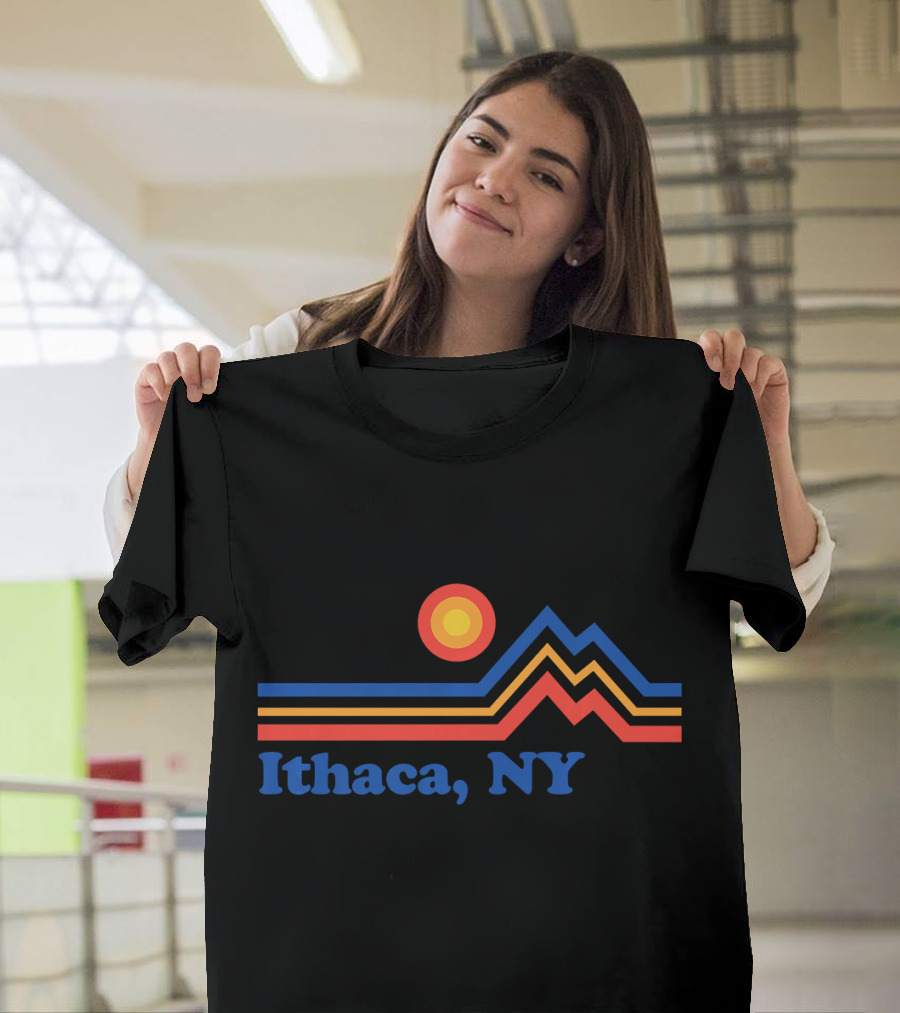 Ithaca NY Mountains Sunburst Retro Stripes T-Shirt