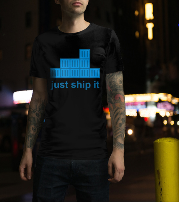 Just Ship It Docker Programming Hackathon Navy Blue Stacked Containers T-Shirt