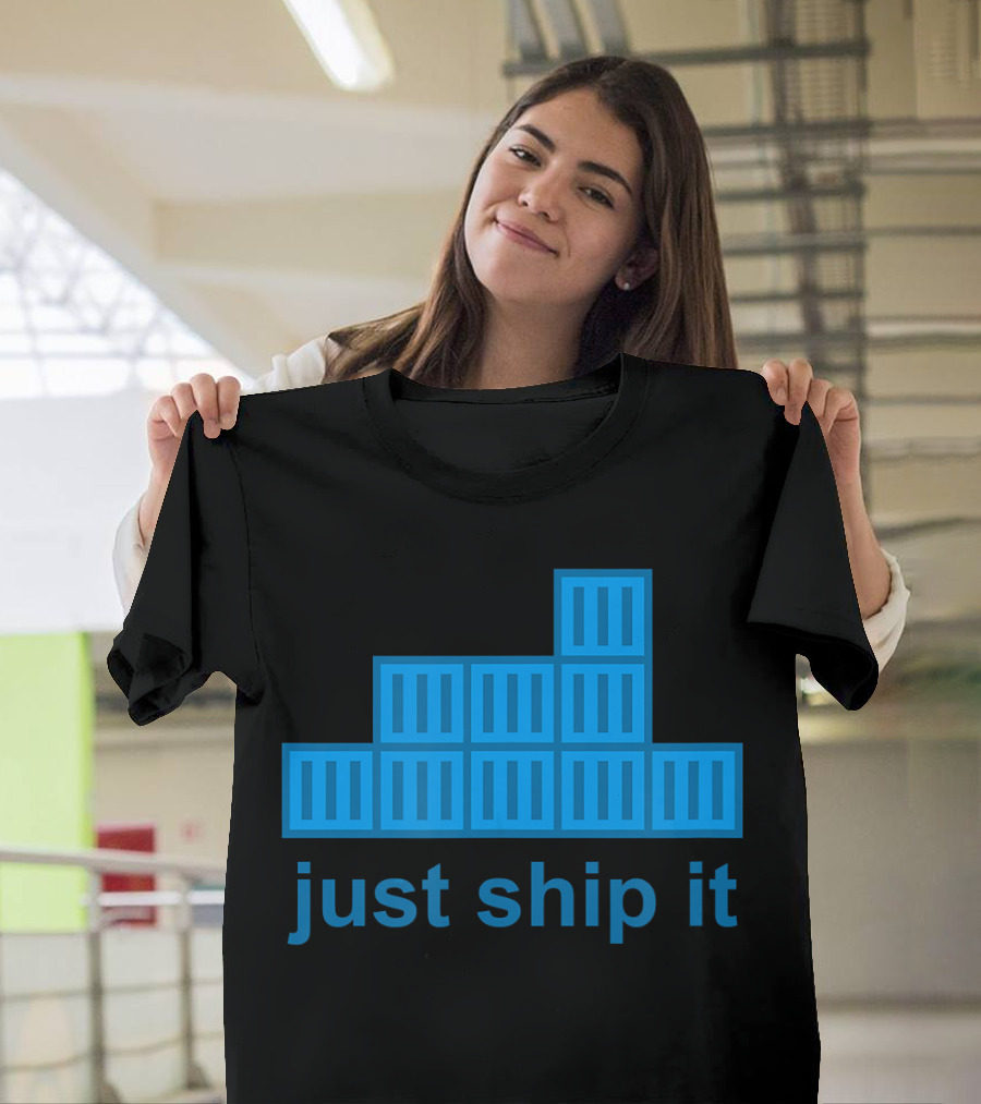 Just Ship It Docker Programming Hackathon Navy Blue Stacked Containers T-Shirt