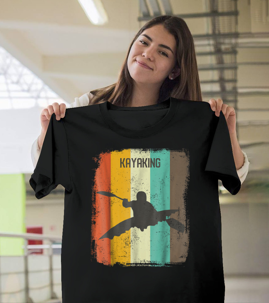 Kayaking Retro 70s Vintage River Kayak Silhouette Adventure Stripes T-Shirt