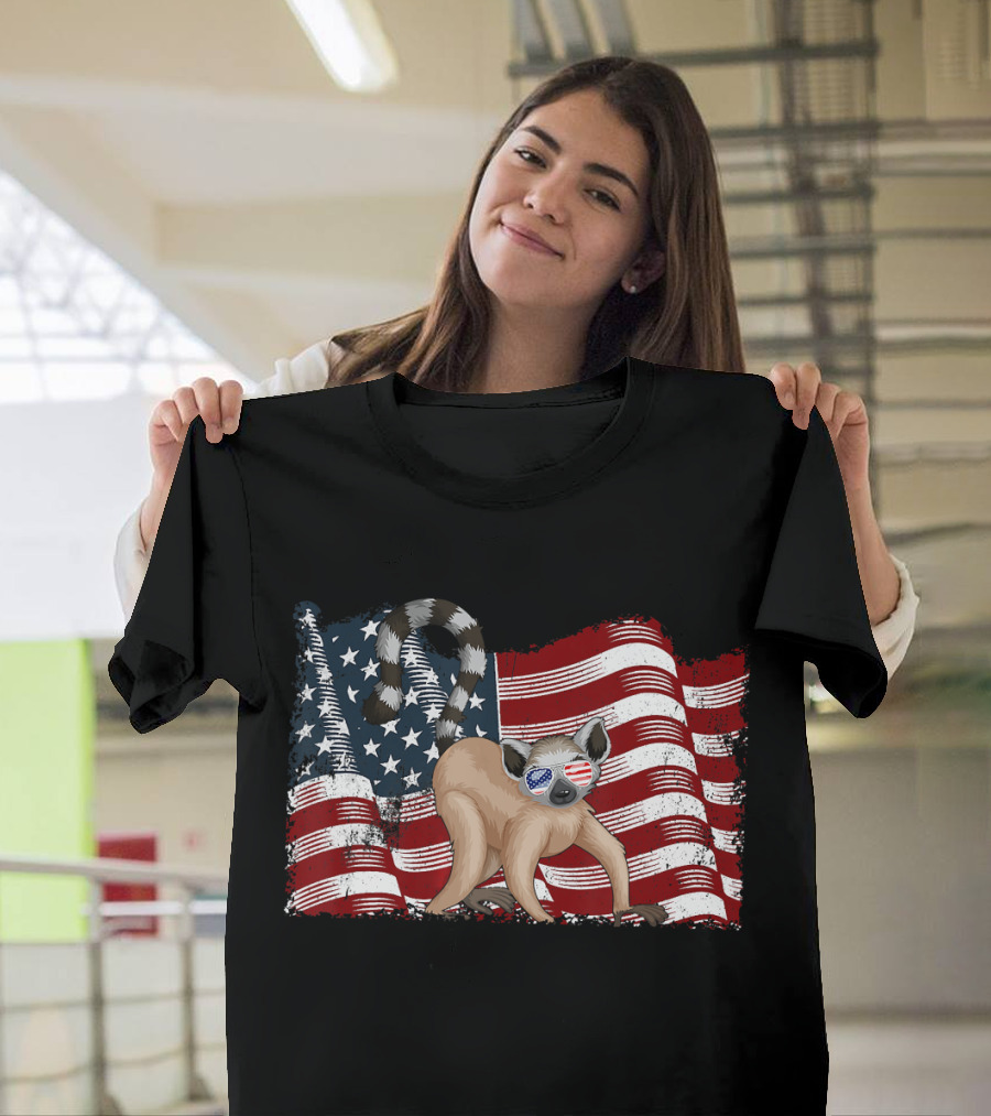 Lemur with American Flag Sunglasses Celebrating 4th of July T-Shirt