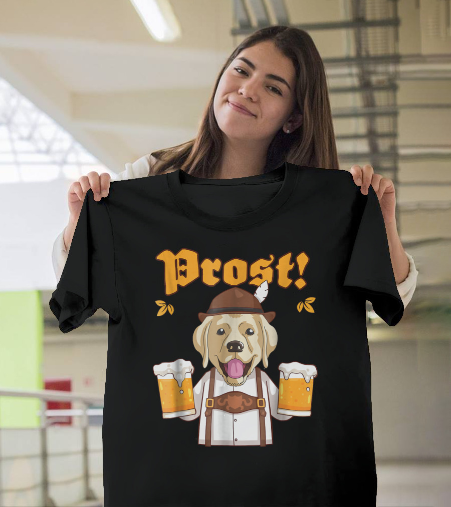 Prost Golden Retriever Holding Beer Mugs in Lederhosen T-Shirt